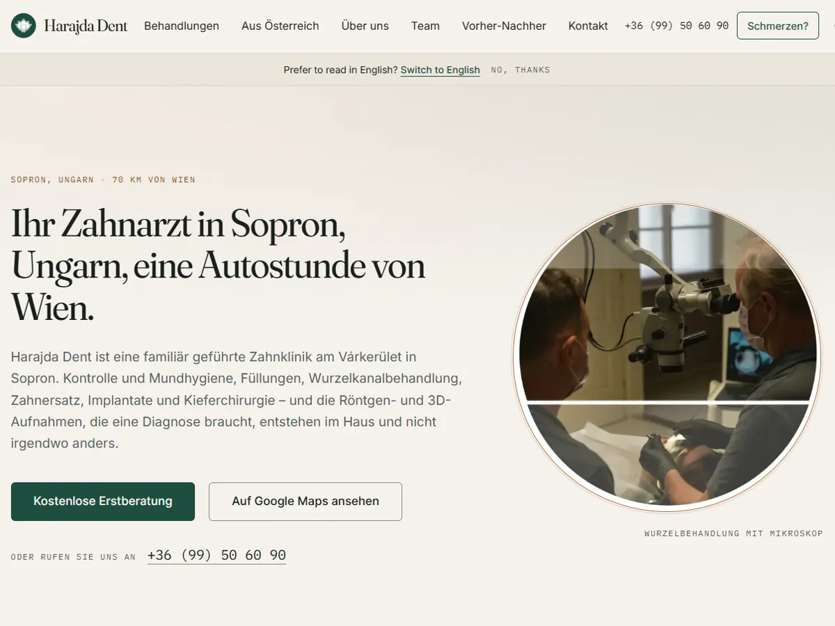 Startseite der neuen Website von Harajda Dent: klare Überschrift, echtes Praxisfoto, verständlicher Text
